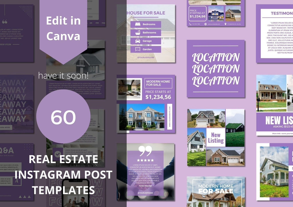 Real estate Instagram post templates with various design elements on a purple background.