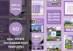 Real estate Instagram post templates with various design elements on a purple background.