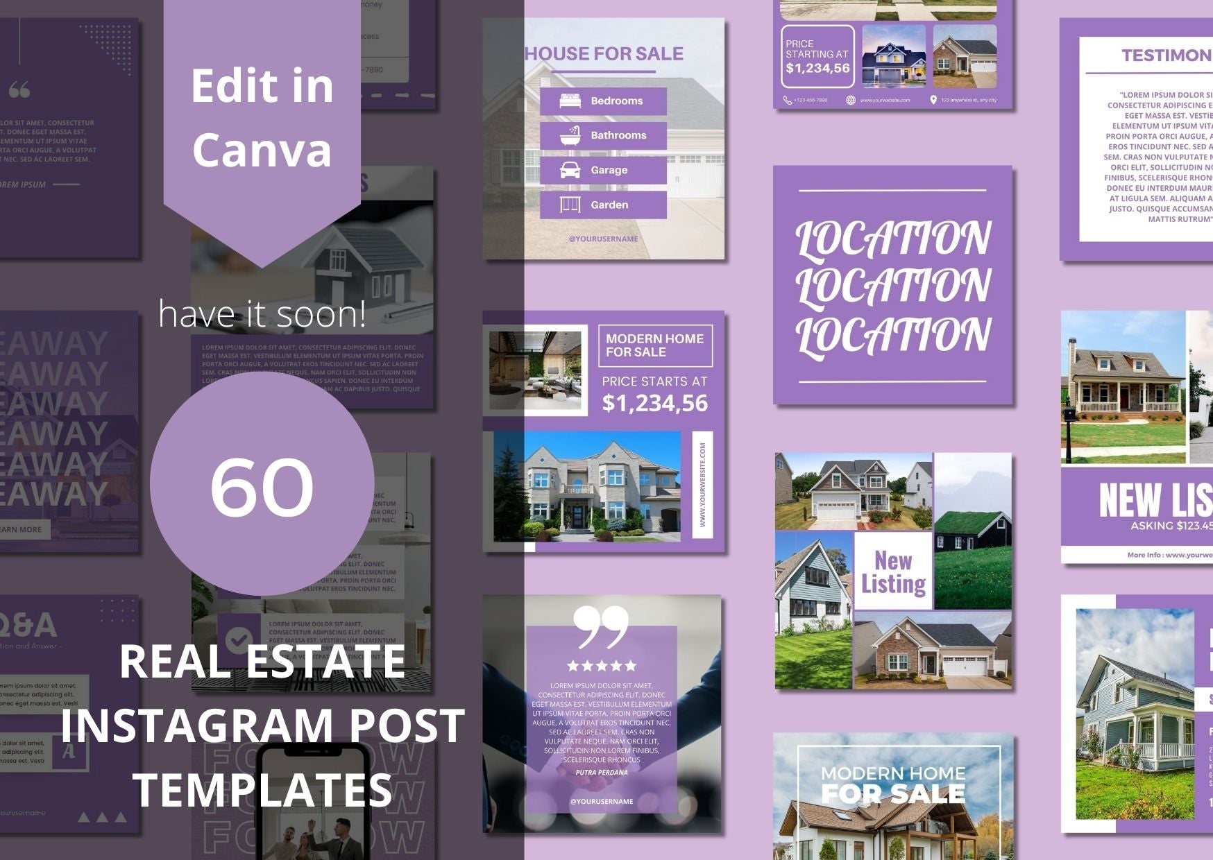Real estate Instagram post templates with various design elements on a purple background.
