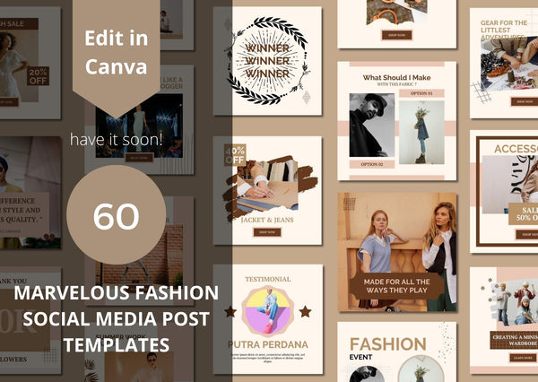 Collection of fashion-themed social media post templates with 'Edit in Canva' text overlay.