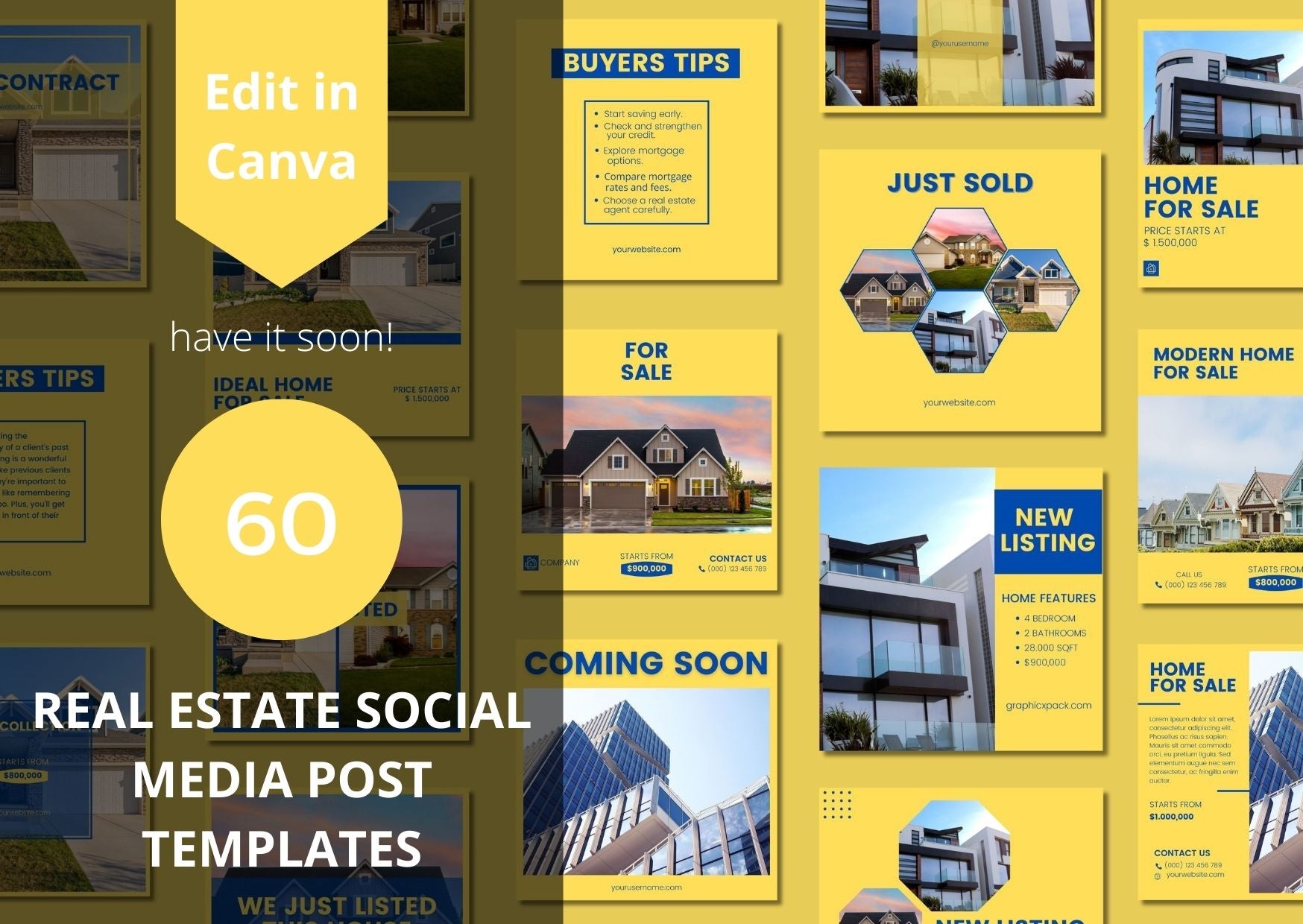 60 Blue Yellow Real Estate Social Media Templates  - เทมเพลต Canva สำหรับอสังหาริมทรัพย์