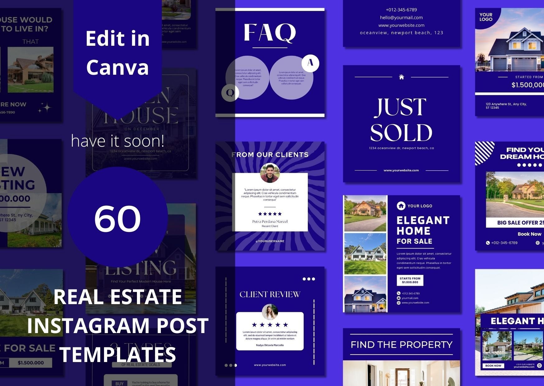 60 Dark Blue Real Estate Social Media Templates เทมเพลต Canva สำหรับอสังหาริมทรัพย์