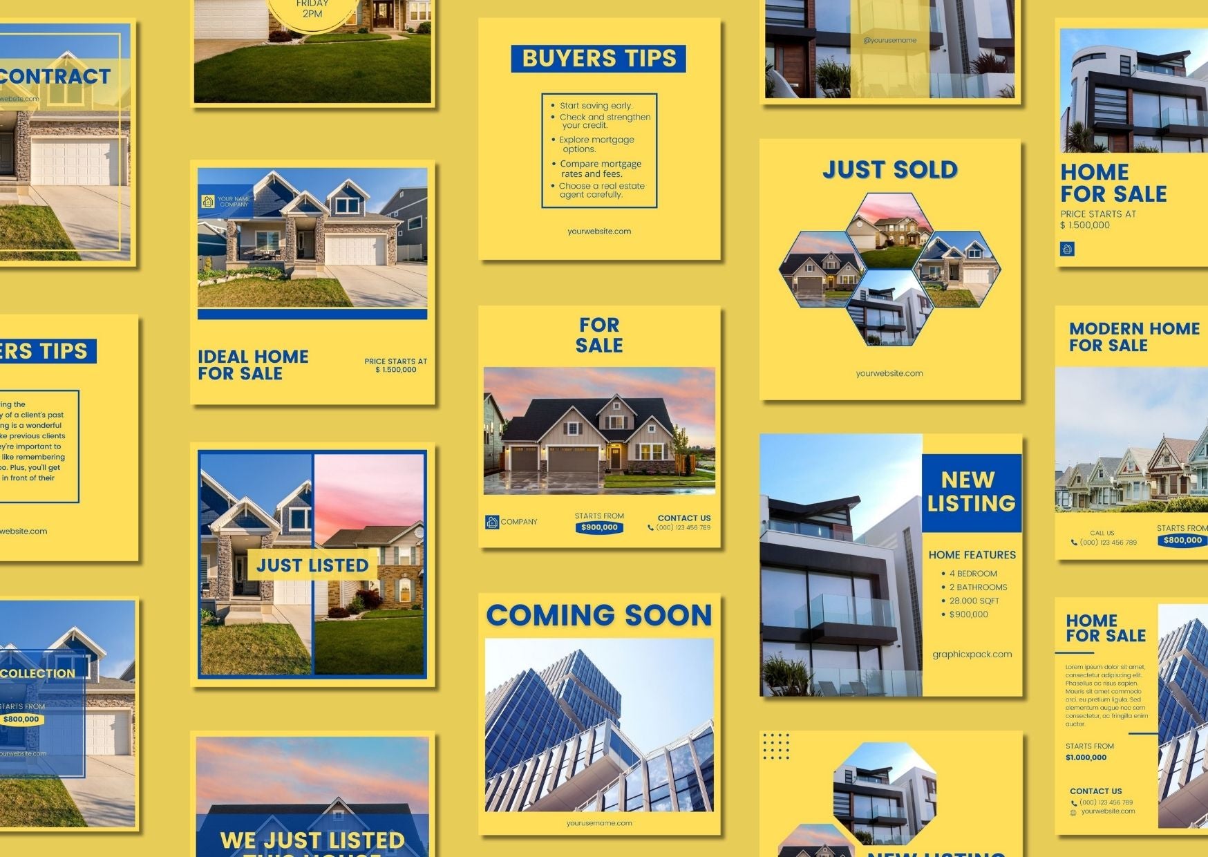 60 Blue Yellow Real Estate Social Media Templates  - เทมเพลต Canva สำหรับอสังหาริมทรัพย์
