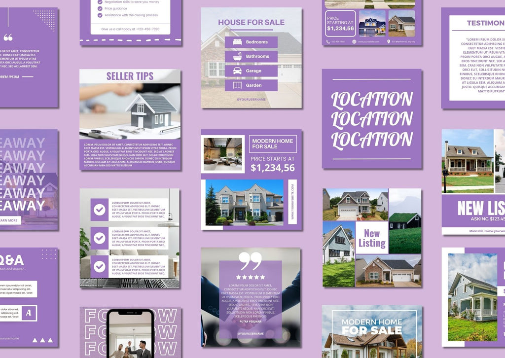 Real Estate Social Media Templates - เทมเพลต Canva สำหรับอสังหาริมทรัพย์ purple background.