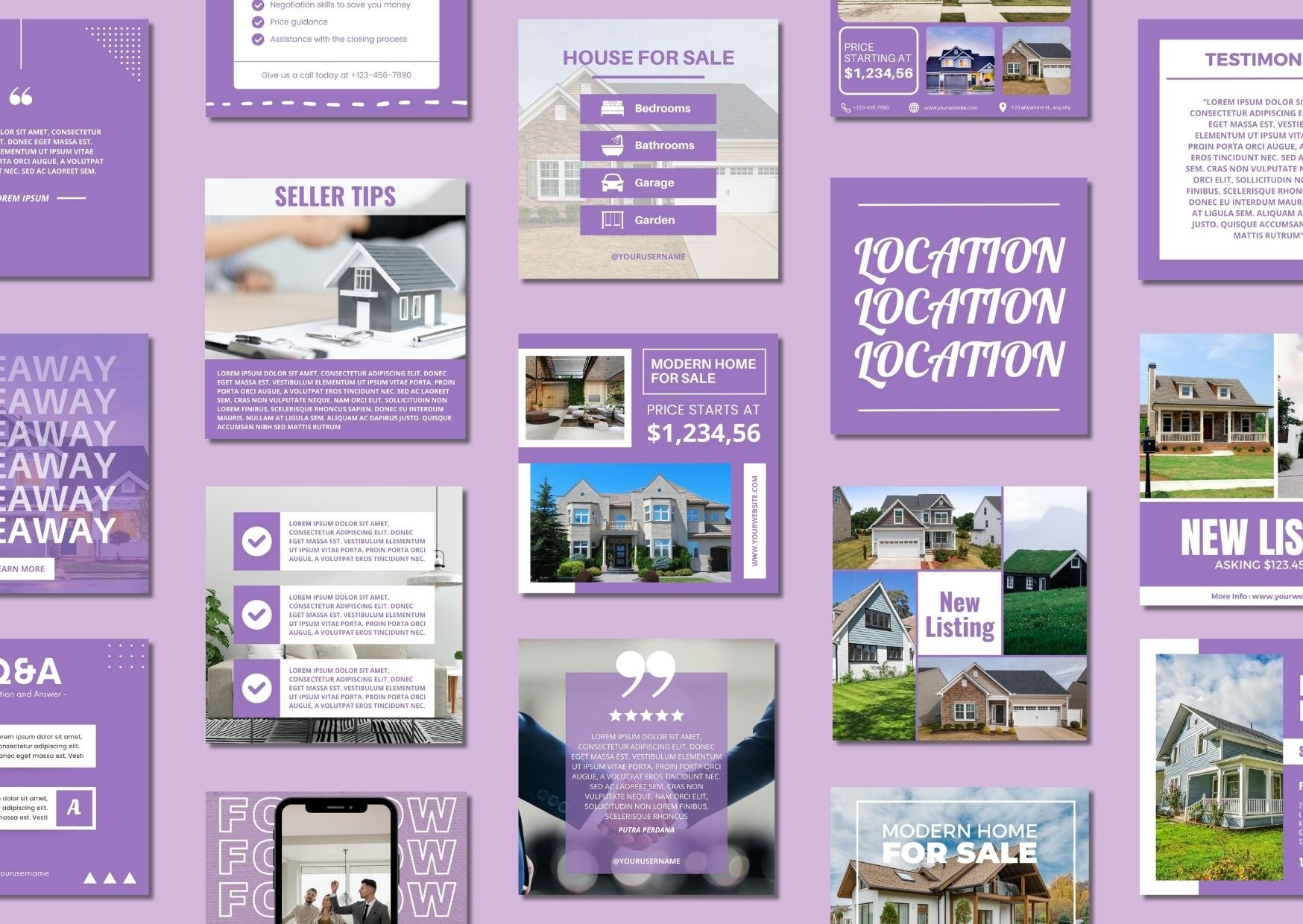 Real Estate Social Media Templates - เทมเพลต Canva สำหรับอสังหาริมทรัพย์ purple background.