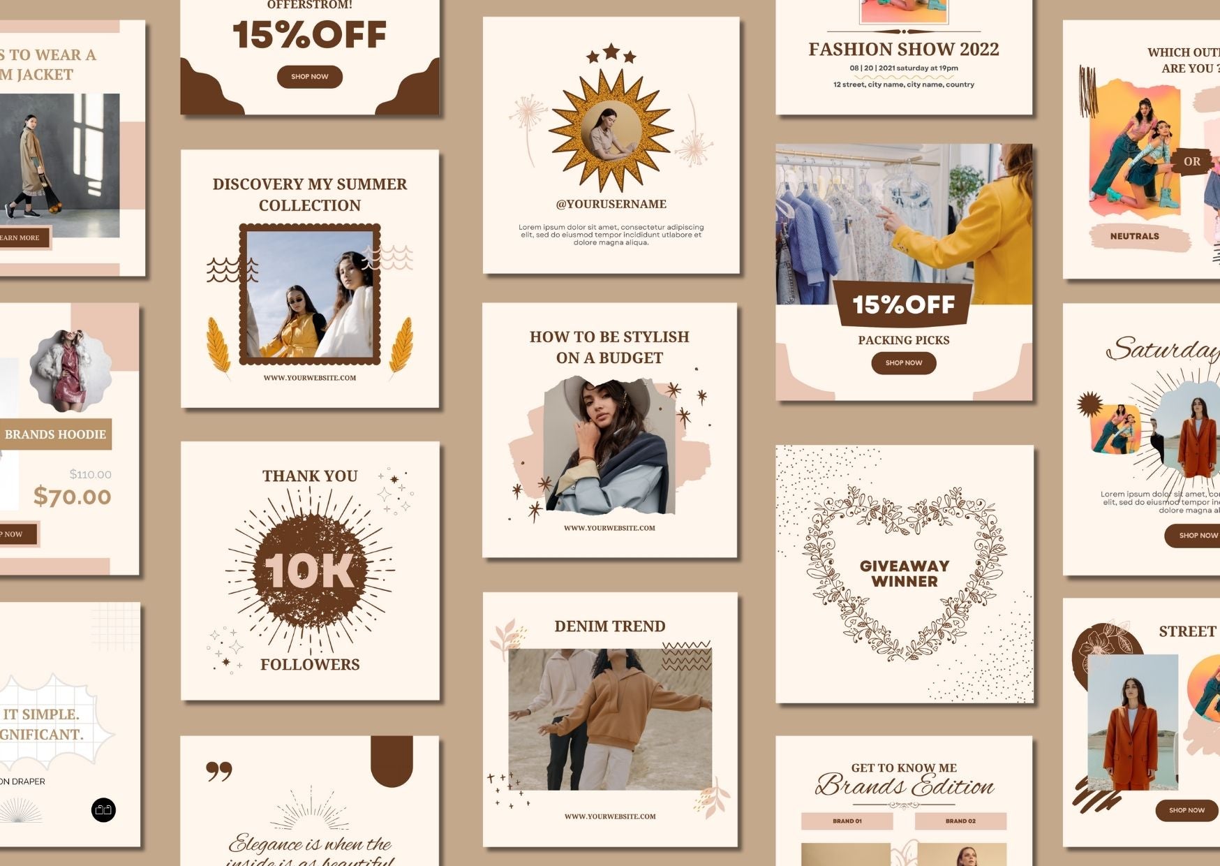เทมเพลต Canva แฟชั่นสุดเจ๋ง fashion-themed social media post templates with 'Edit in Canva'