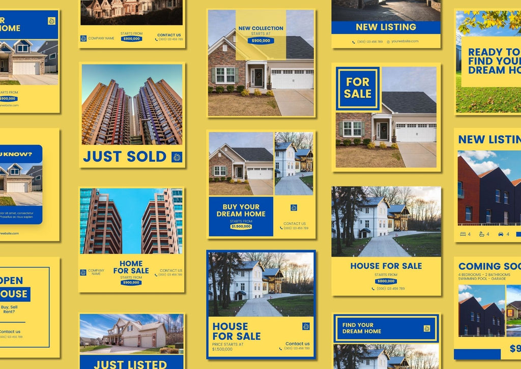 60 Blue Yellow Real Estate Social Media Templates  - เทมเพลต Canva สำหรับอสังหาริมทรัพย์
