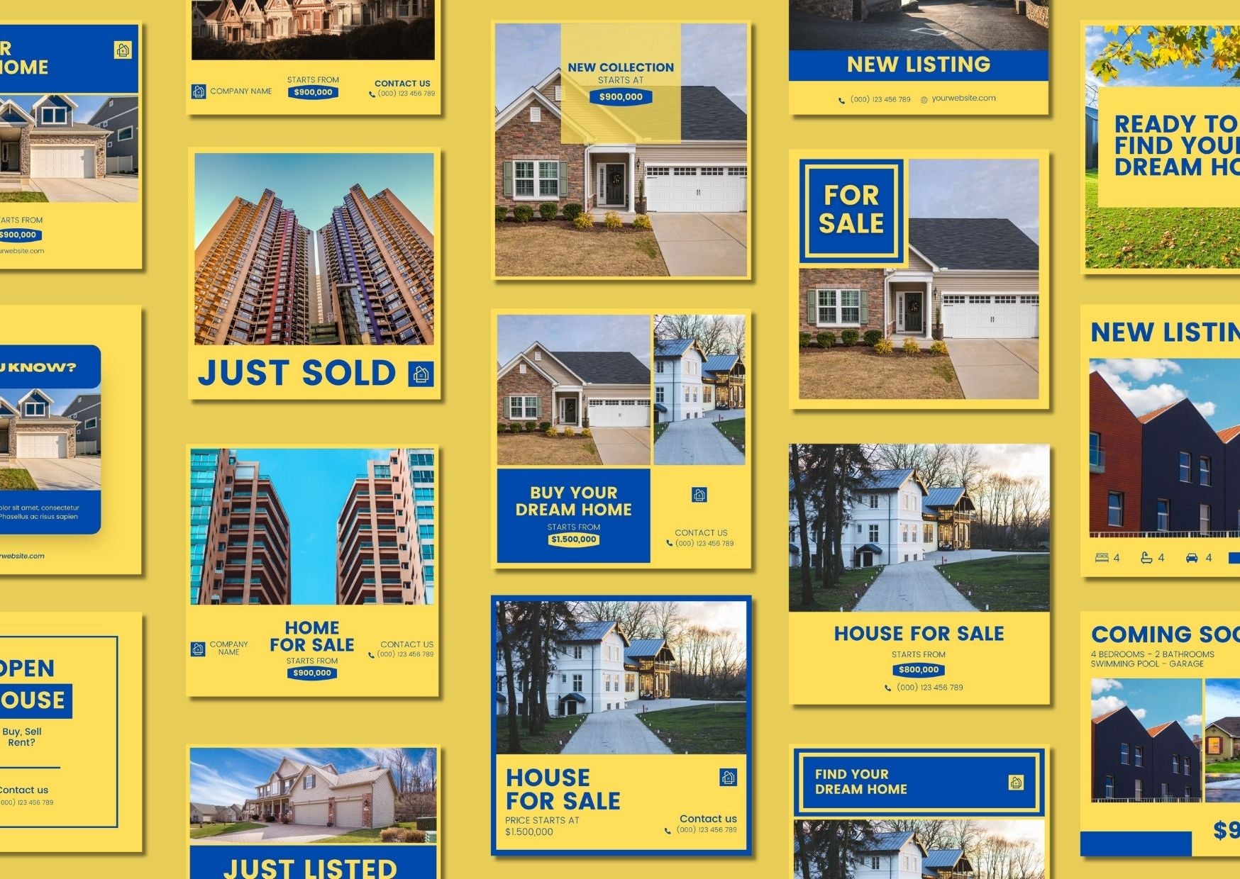 60 Blue Yellow Real Estate Social Media Templates  - เทมเพลต Canva สำหรับอสังหาริมทรัพย์