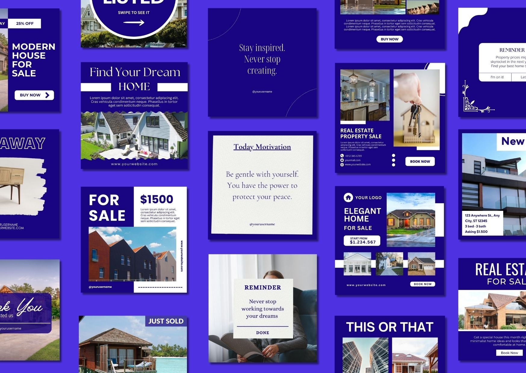60 Dark Blue Real Estate Social Media Templates เทมเพลต Canva สำหรับอสังหาริมทรัพย์