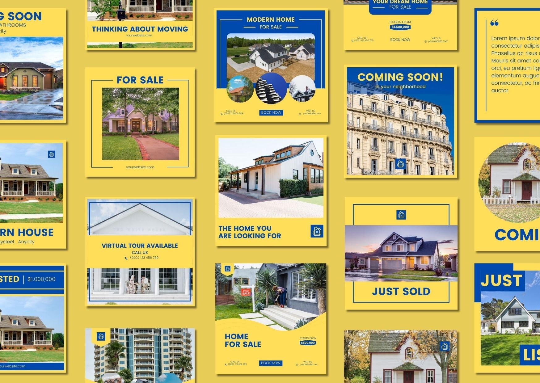 60 Blue Yellow Real Estate Social Media Templates  - เทมเพลต Canva สำหรับอสังหาริมทรัพย์