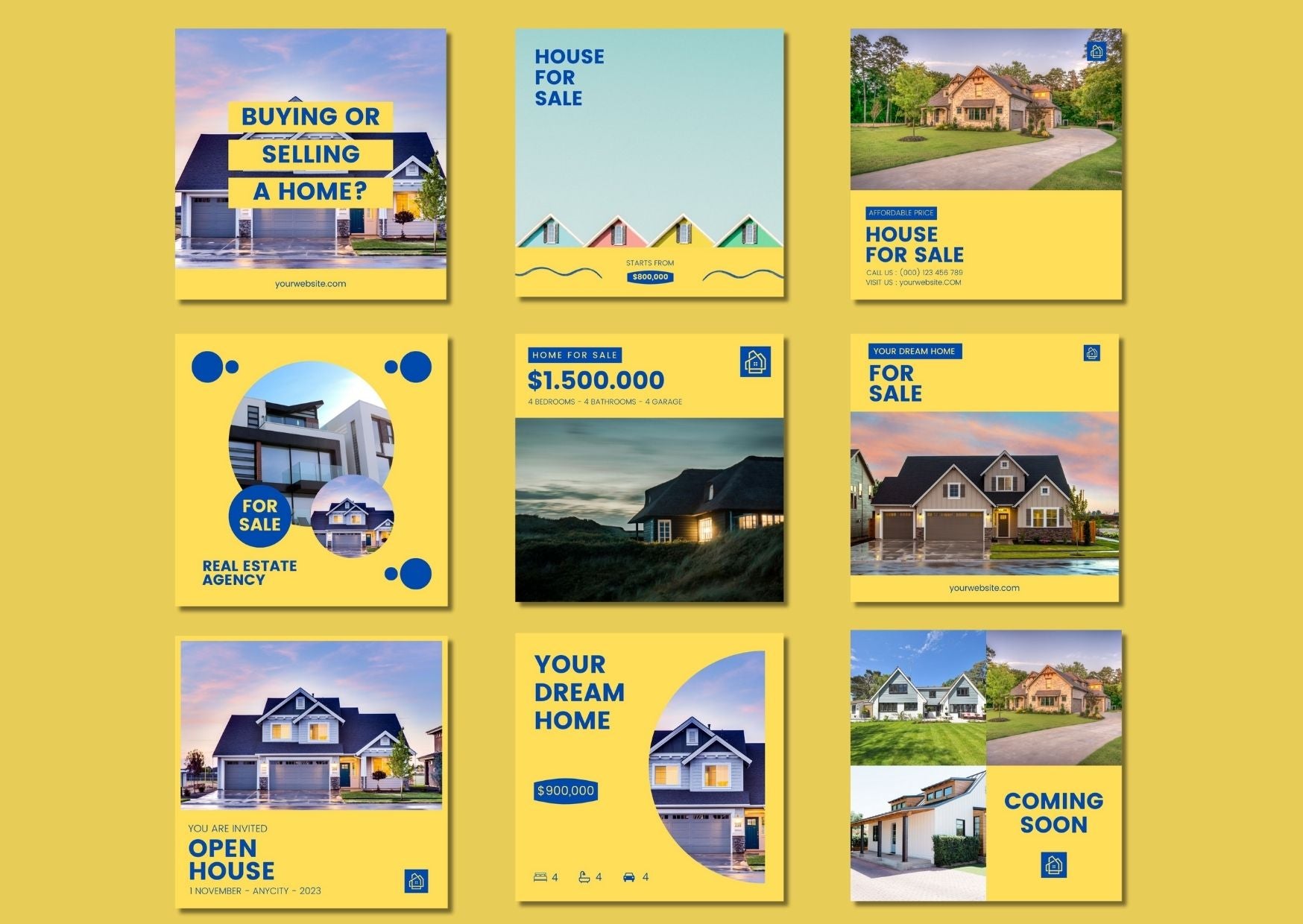 60 Blue Yellow Real Estate Social Media Templates  - เทมเพลต Canva สำหรับอสังหาริมทรัพย์
