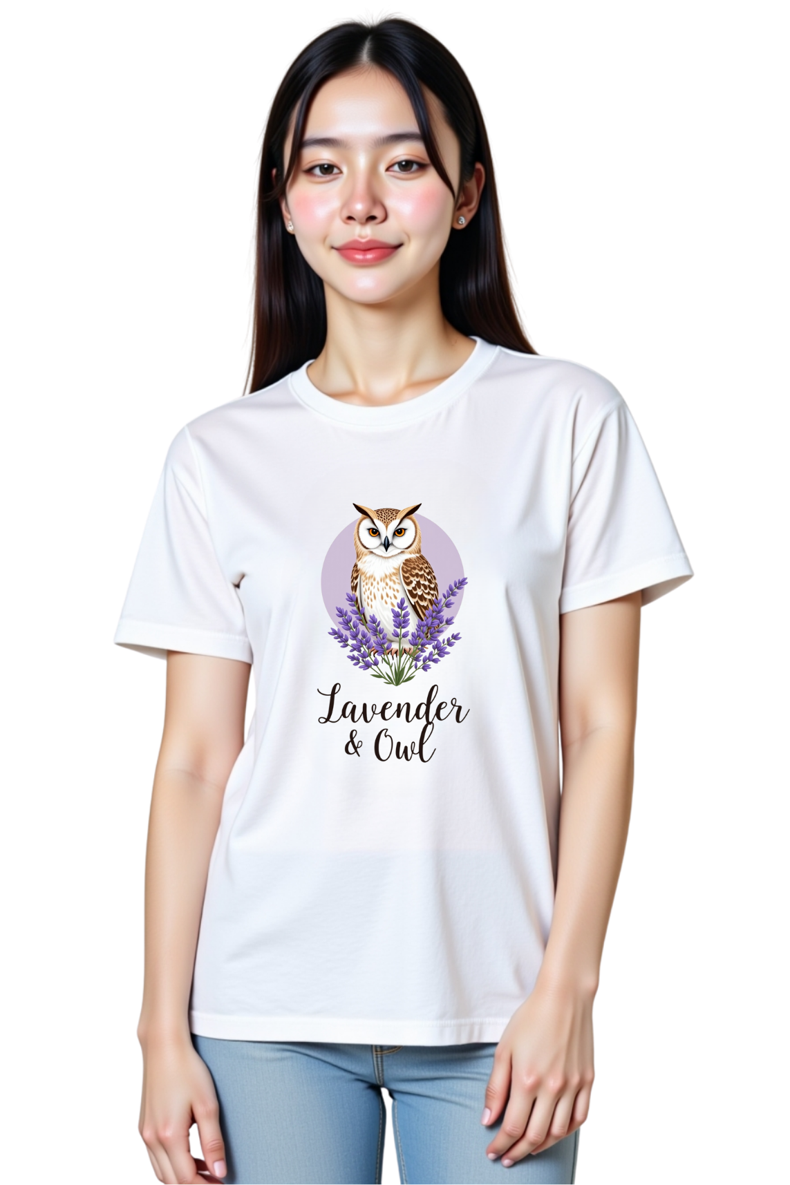 Woman wearing a white t-shirt with a graphic of an owl and lavender, text 'Lavender & Owl'.